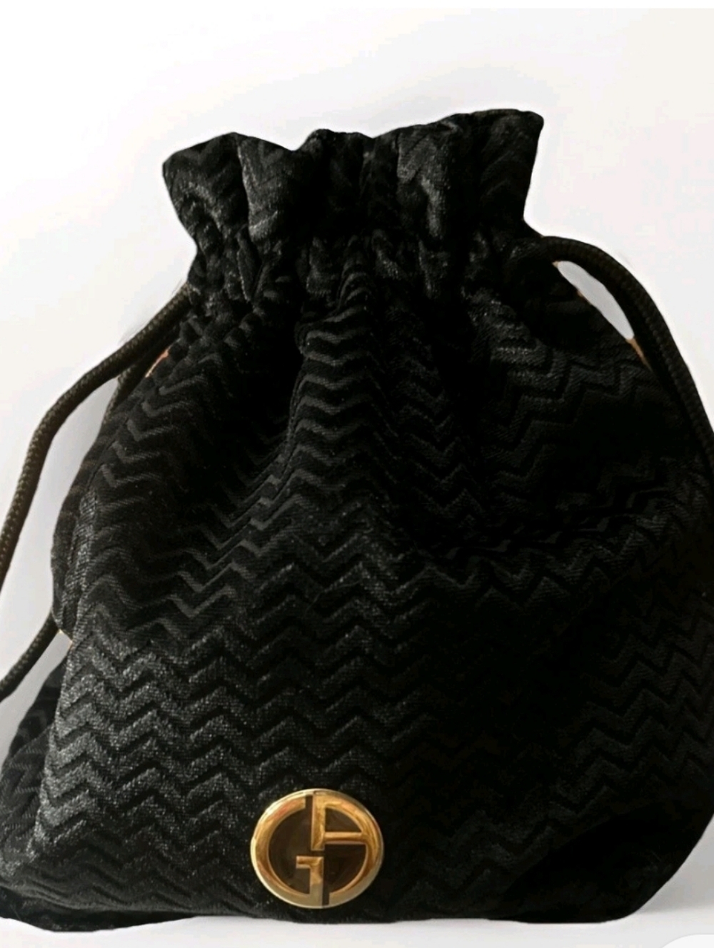 Giorgio Armani $35 Black Velvet Drawstring Bag with Gold Emblem 5x7